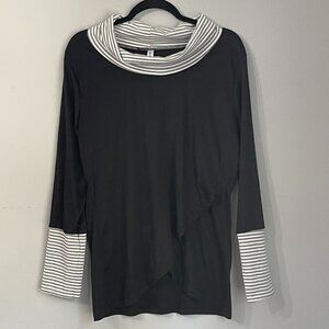 Leo Rosi black boatneck ruffled stretchy long sleeve top w/ striped cuffs; M